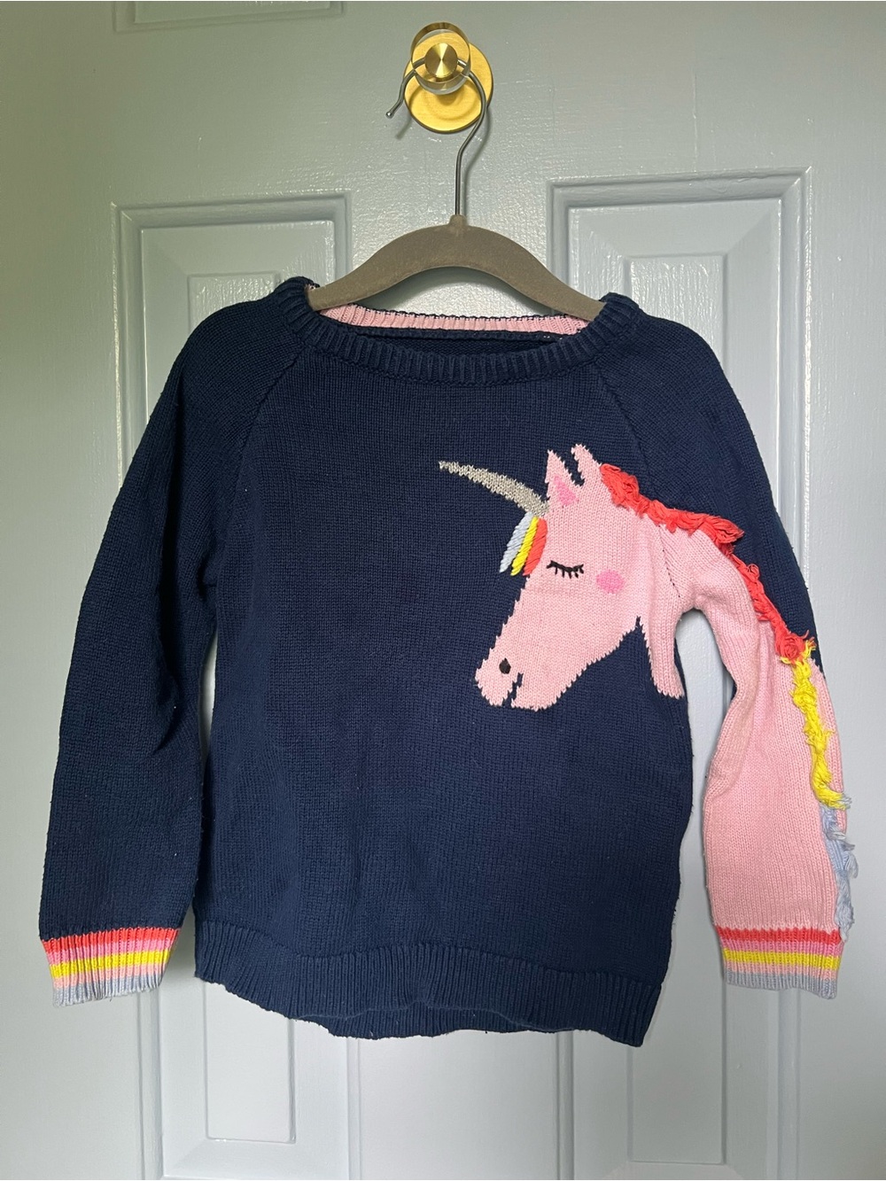 Joules Navy Knit Sweater with Pink Unicorn Sleeve, 3T